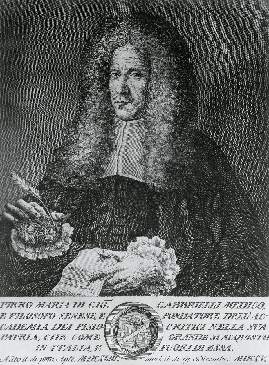 Portrét Pirro Maria Gabbrielliho (1643-1705), italského filozofa a profesora teoretické medicíny a botaniky, rytina Cosimo Zocchi (aktivní 1740-cca 1787) od Walter Charles Mills