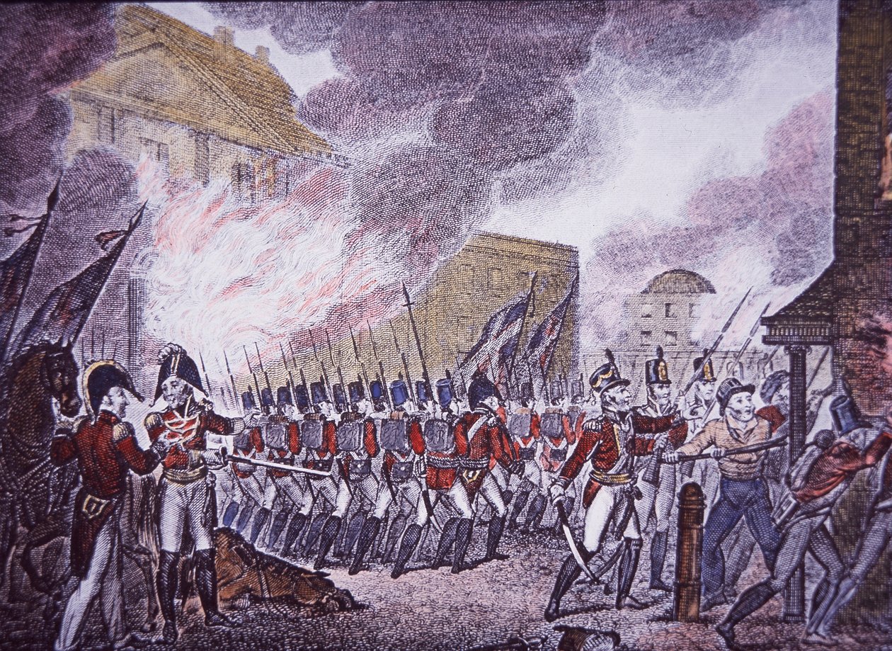 The Burning of Washington (barevná rytina) od Walter Charles Mills