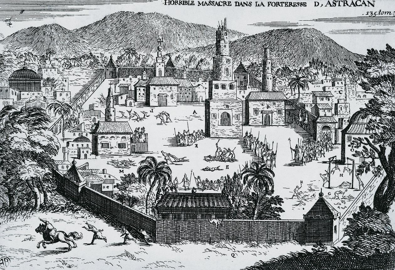 Útok kozáků vedených Stěpanem Razinem na Astrachaňskou pevnost v roce 1670, Rusko od Walter Charles Mills