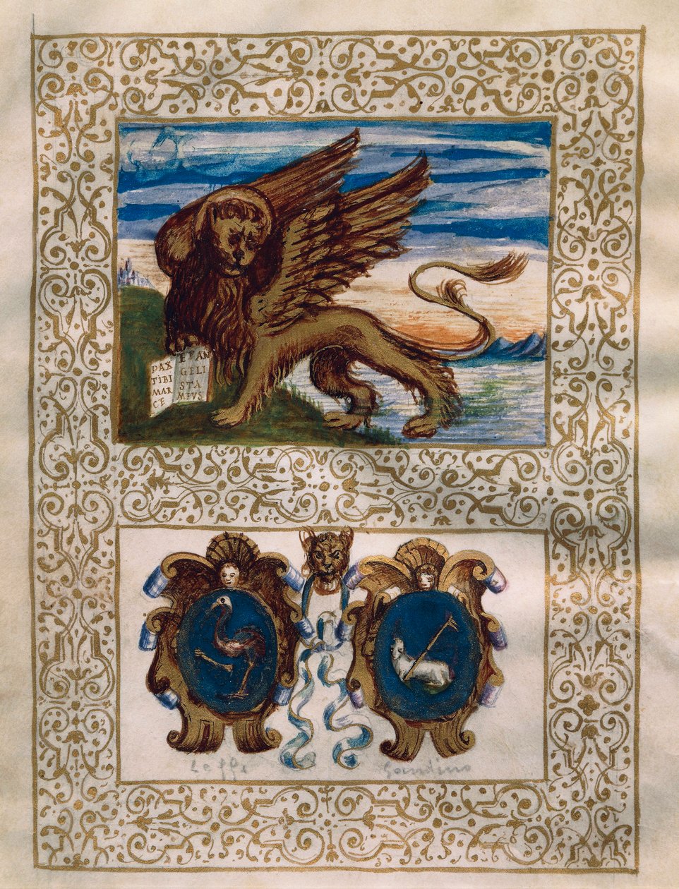 Okřídlený lev Benátek a erby Leffe a Gandino, miniatura z Privilegio della Serenissima alla Val Gandino, 18. června od Walter Charles Mills
