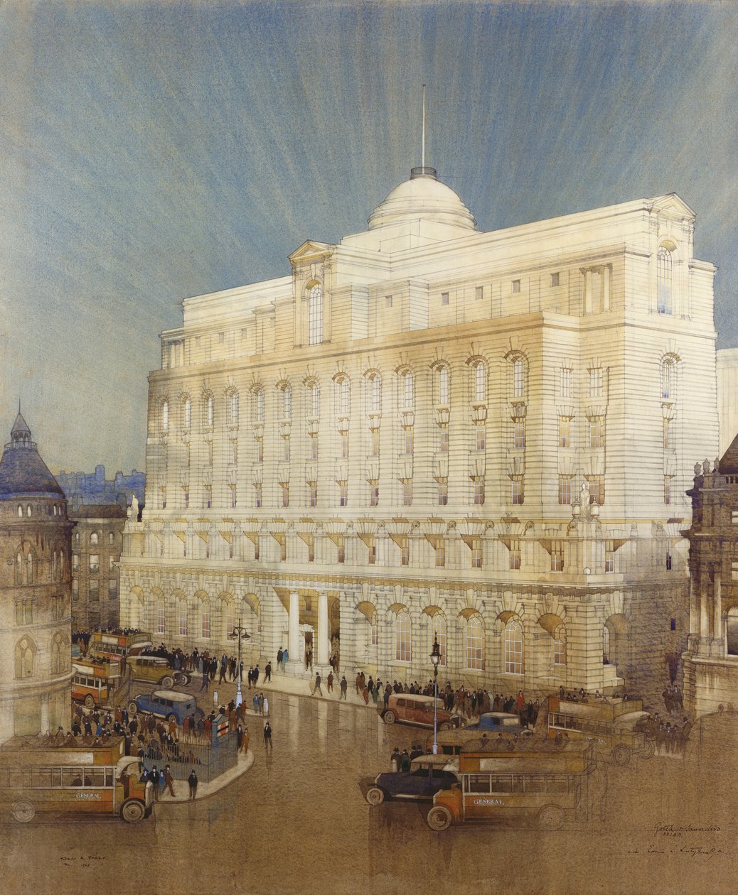 Architektonický návrh pro centrálu Midland Bank, Poultry, Londýn od John A. and Saunders, Charles Gotch