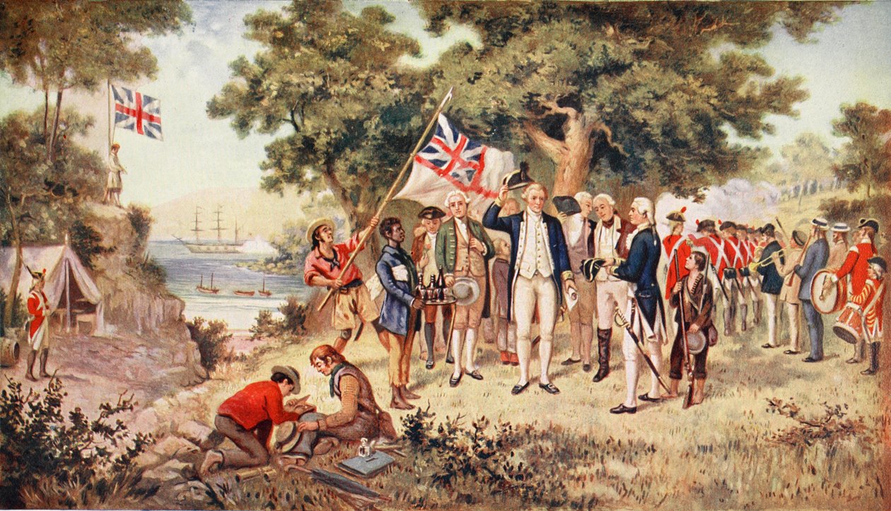 Kapitán Cook se zmocnil Nového Jižního Walesu, 1770, ilustrace z 