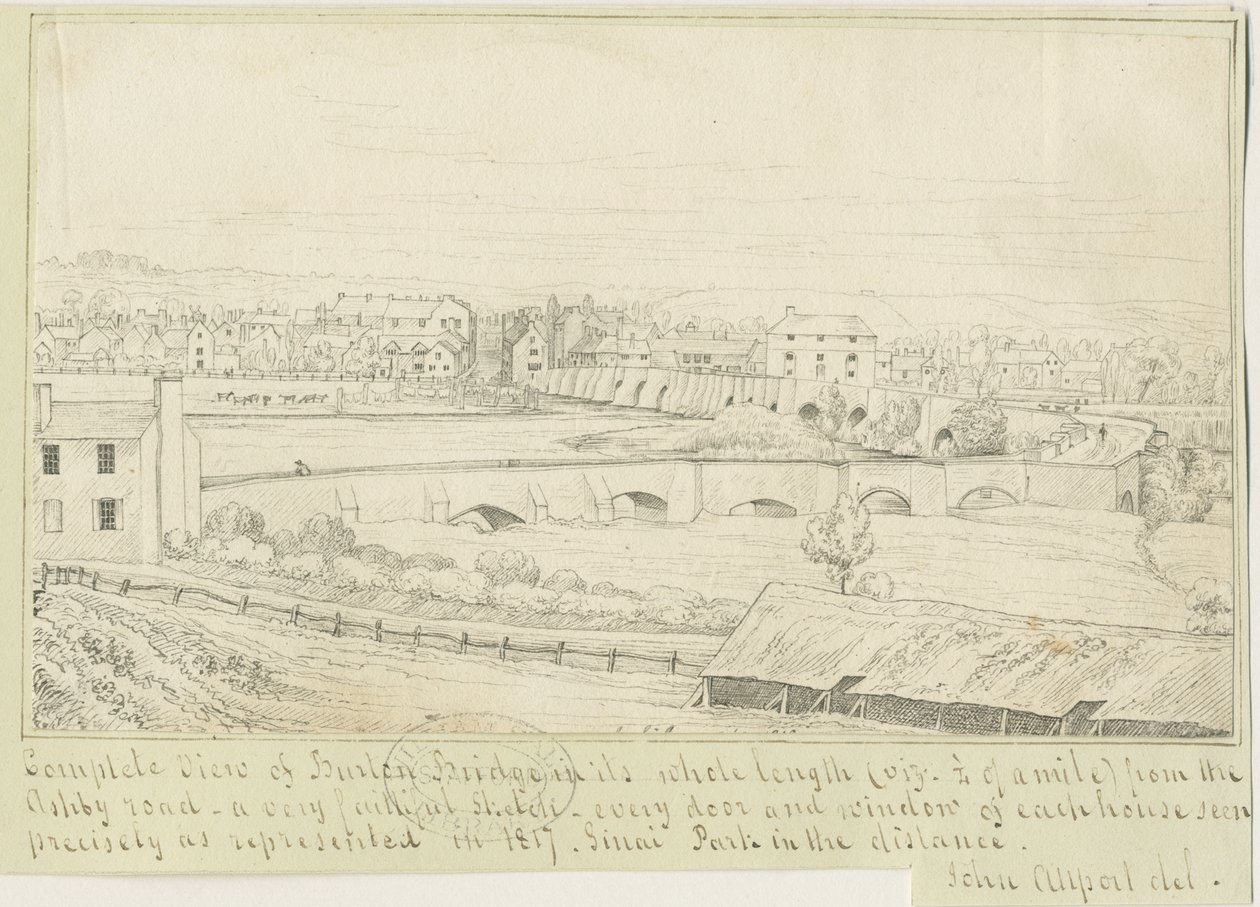 Burton-upon-Trent Bridge and Town: kresba perem, 1817 od John Allport