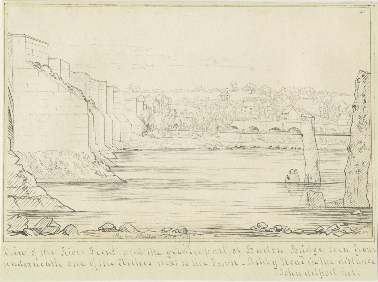 Burton-upon-Trent Bridge and Town: kresba perem, nd [c 1817] (kresba) od John Allport