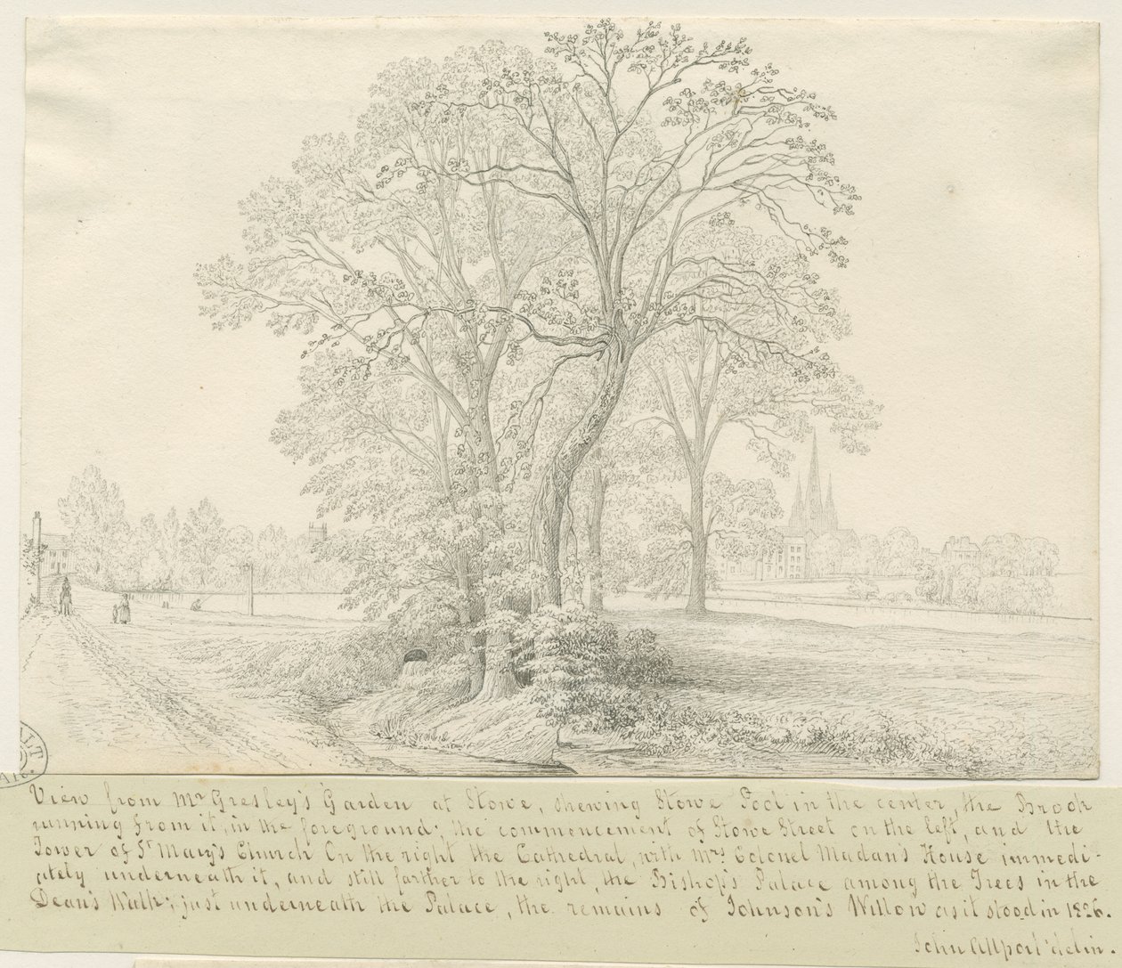 Lichfield - Pohled přes Stowe Pool: kresba perem, nd [1826] (kresba) od John Allport
