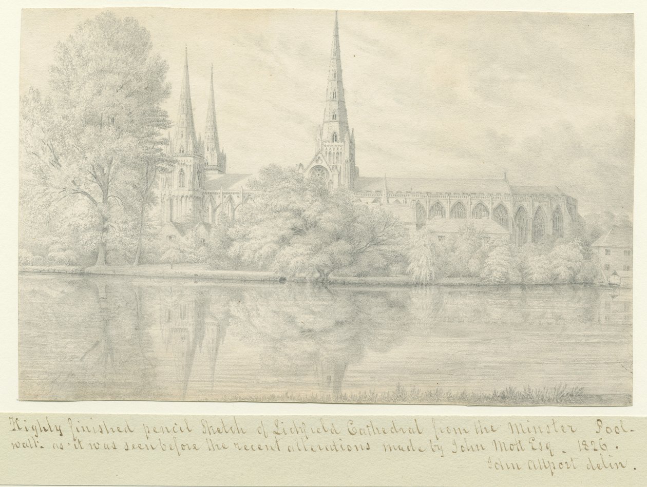 Lichfield Cathedral - South West View: kresba tužkou od John Allport