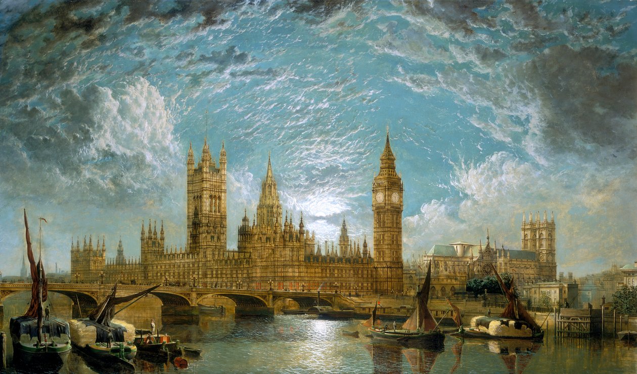 „Westminsterský most, budovy parlamentu a Westminsterské opatství při pohledu z řeky“, 1872 od John Anderson