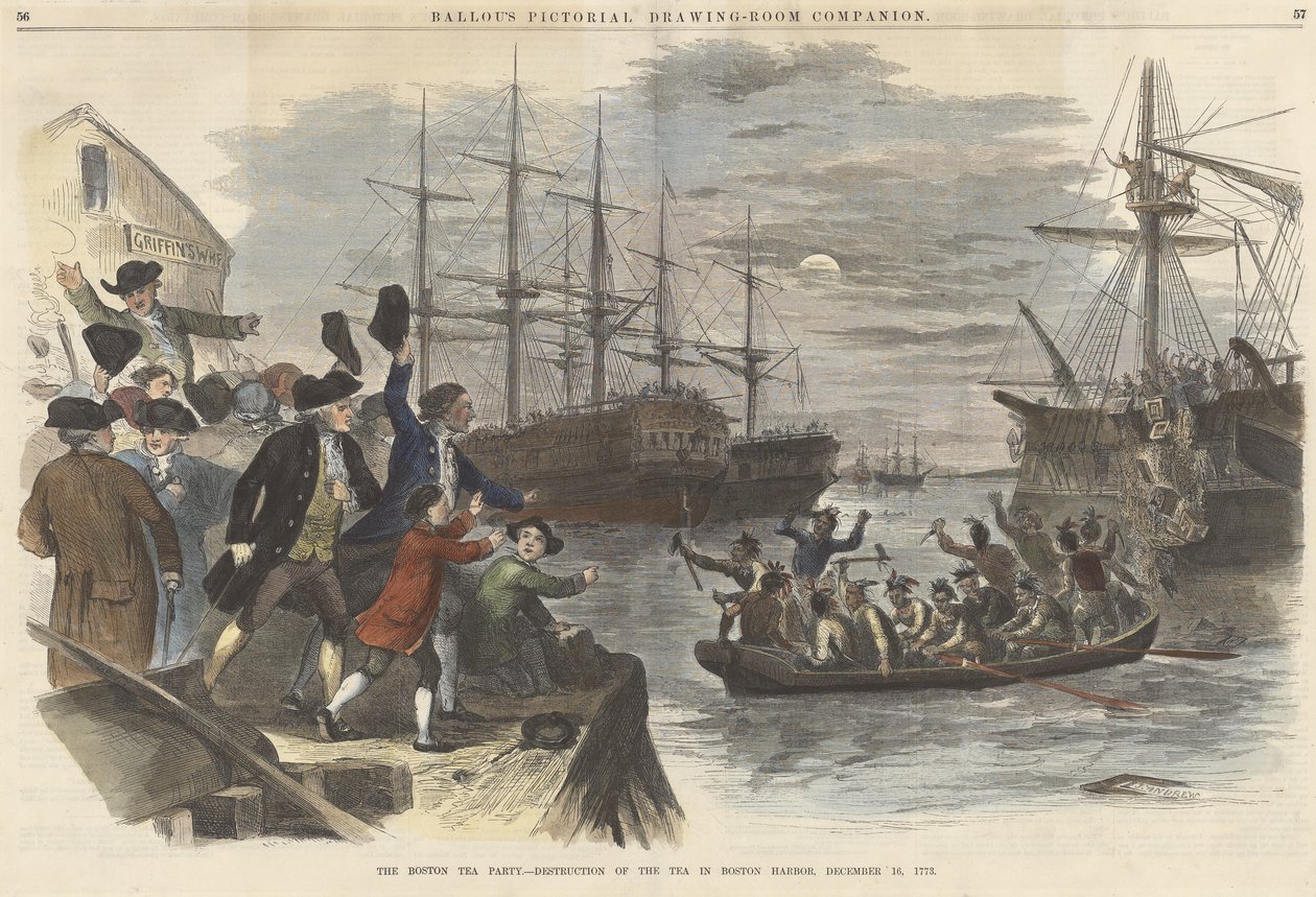 Bostonský čajový dýchánek? Destruction of the Tea v Boston Harbor, 16. prosince 1773, z hospody Ballous Pictorial Drawing-Room Companion. 1865 (barevná rytina) od John Andrew