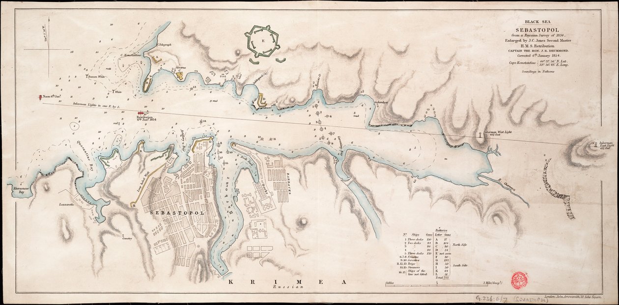 Černomořský Sebastopol z ruského průzkumu z roku 1836 od John Arrowsmith