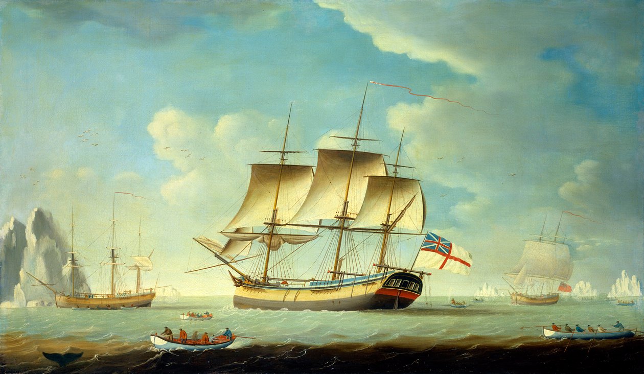 Velrybářská loď a další plavidla v mírném větru, asi 1790 (olej na plátně) od John Askew