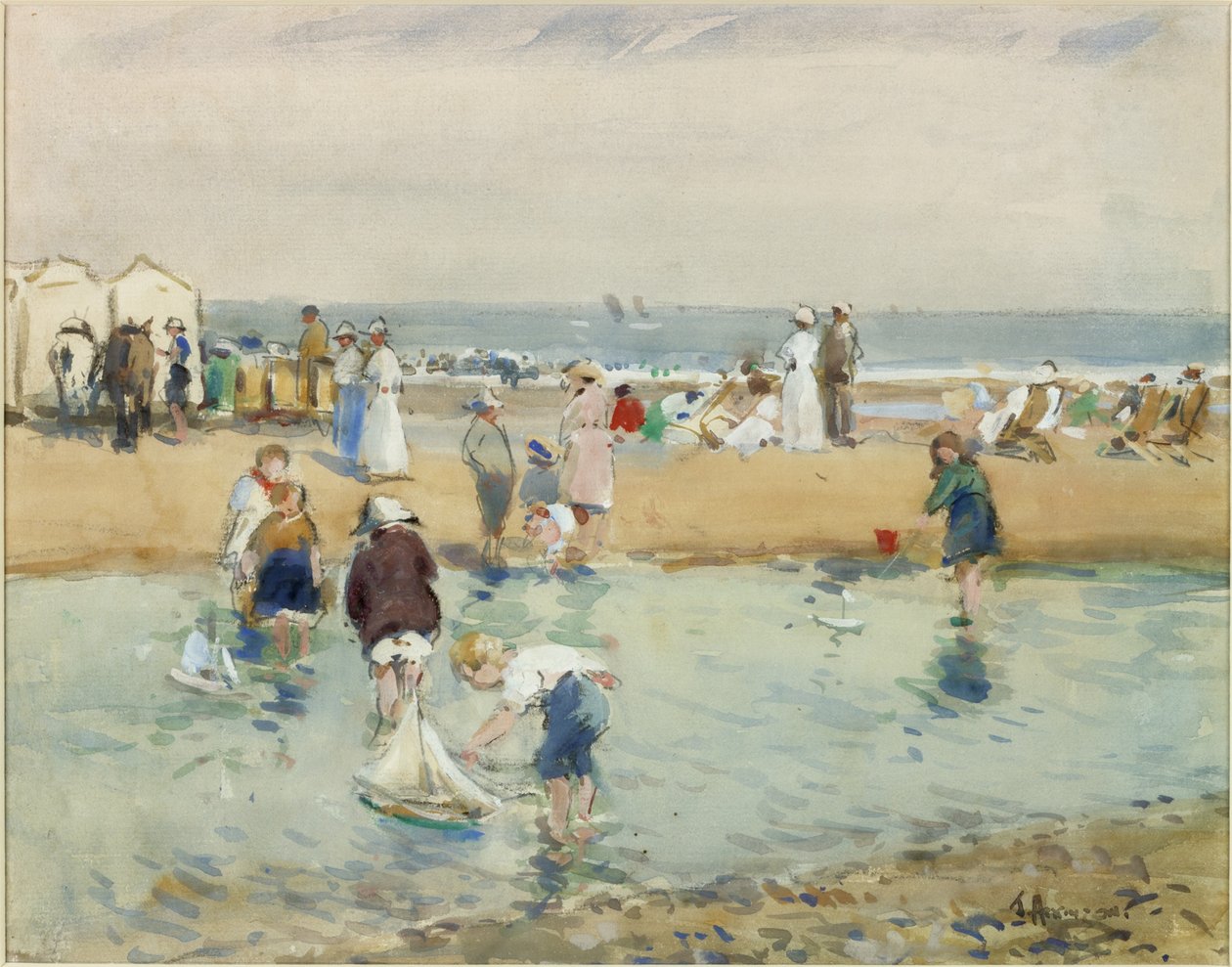 Na pláži, Whitley Bay (akvarel a tělová barva na papíře) od John Atkinson