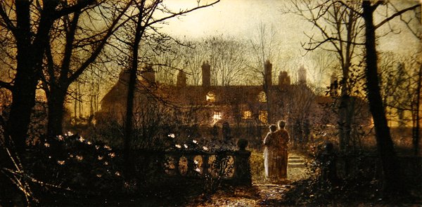 Měsíční scéna se dvěma postavami (olej na desce) od John Atkinson Grimshaw