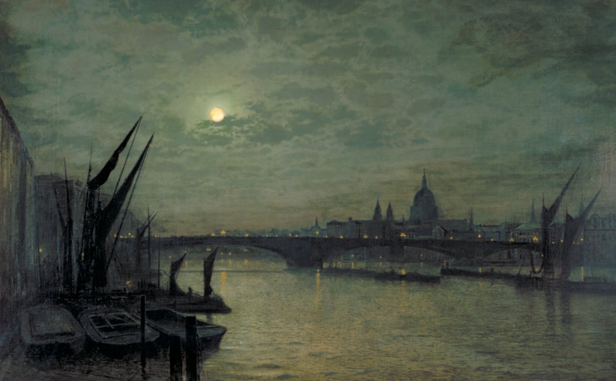 „Temže za měsíčního svitu s mostem Southwark“, 1884 od John Atkinson Grimshaw