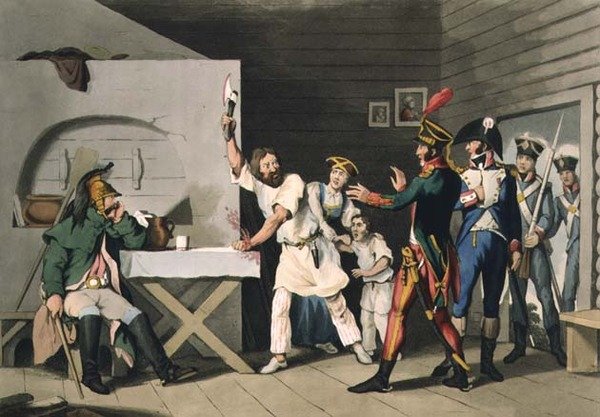 Ruská loajalita a hrdinství: rolník ze Smolenska, vyrytý Johnem Heaviside Clarkem (c.1771-1863) a Matthewem Dubourgem (fl.1813-20) z 