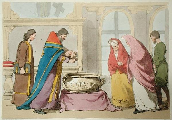 Křest, leptaný umělcem, vydáno 1804 (barevné lito) od John Augustus Atkinson