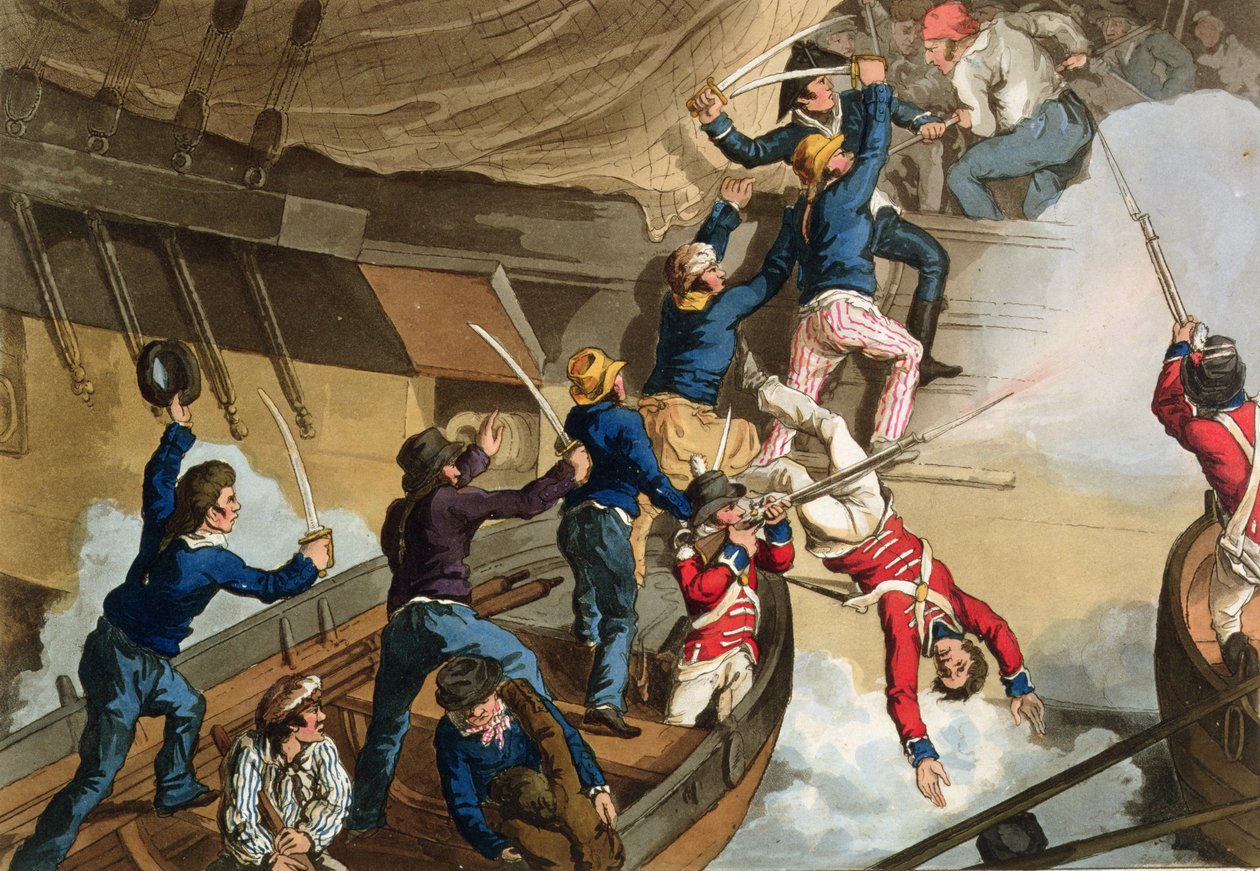 Britští námořníci na palubě válečného plavidla, rytina Fry a Sutherland, z knihy "Historic, Military and Naval Anecdotes", kterou vydal Edward Orme (1774-1820) 1815 (akvatinta) od John Augustus Atkinson