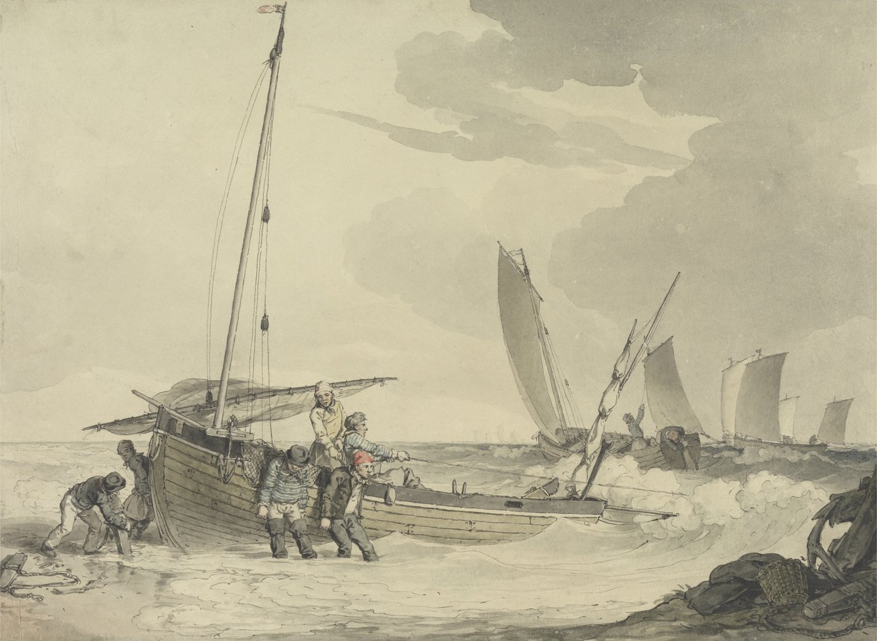 Fisherman puting out to Sea, cca 1810 (wc s perem a inkoustem na papíře) od John Augustus Atkinson