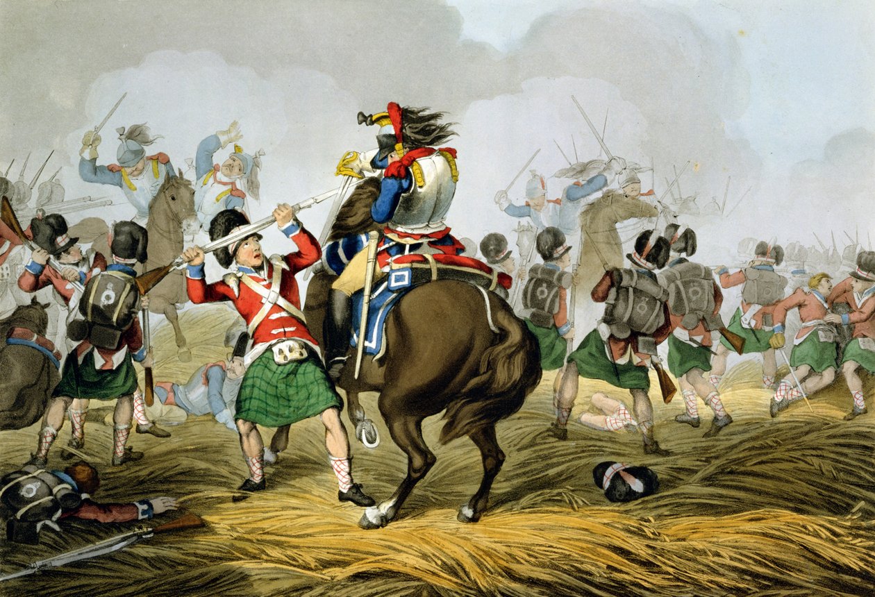 Francouzští kyrysníci v bitvě u Waterloo, nabiti a poraženi Highlanders a Scots Greys, vyryto Matthewem Dubourgem (fl. 1813-20) z 