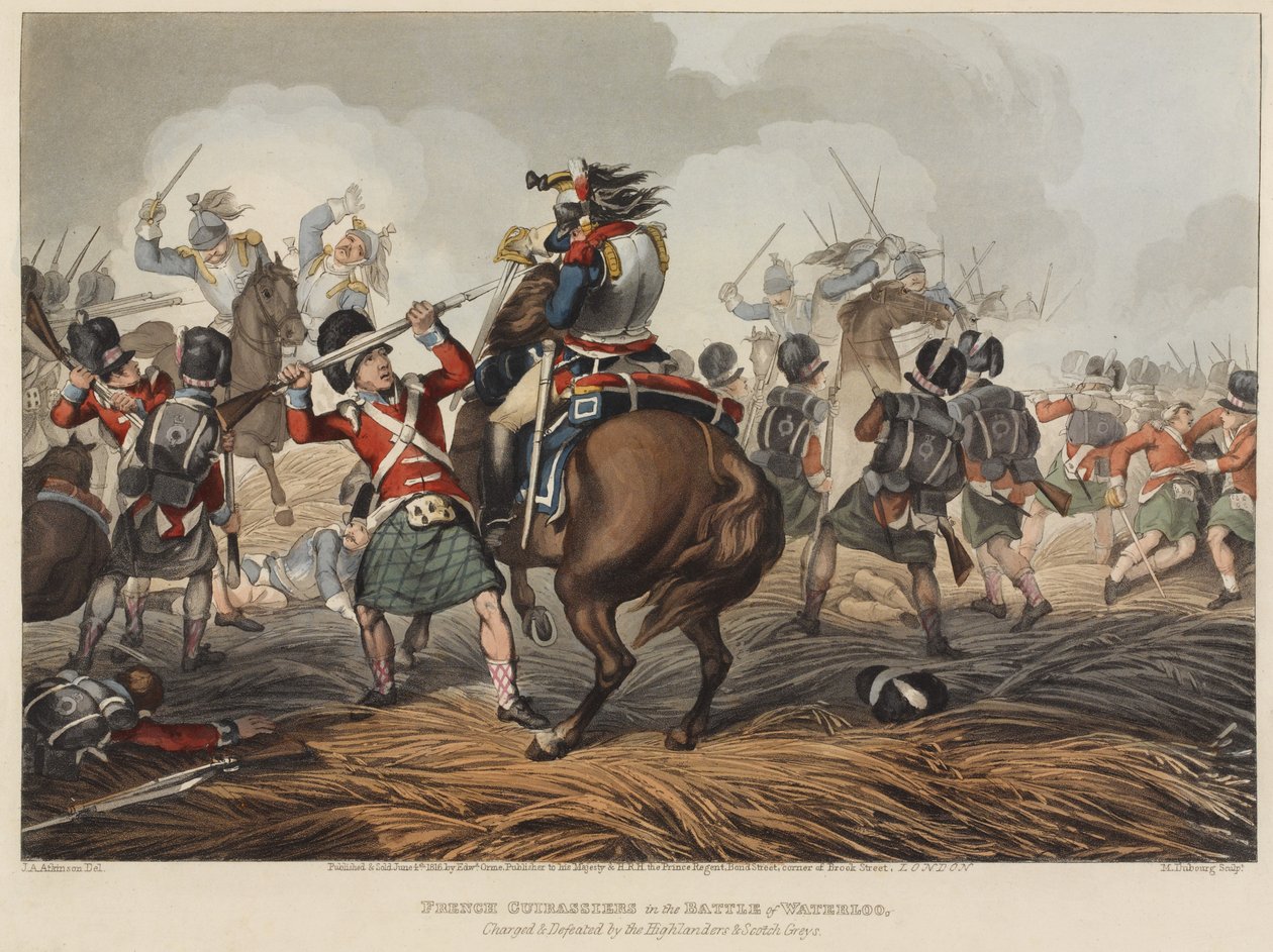 Francouzští kyrysníci v bitvě u Waterloo dobiti a poraženi Highlanders a Scotch Greys, vyryto M. Dubourgem, 1819 (barevná akvatinta) od John Augustus Atkinson