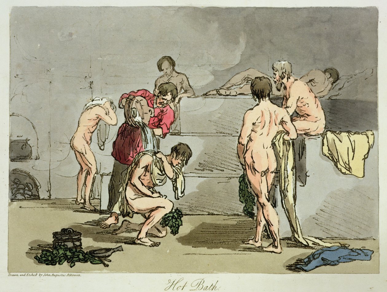 Horká lázeň, deska 73 ze svazku III „Mýry, zvyky a zábavy Rusů“, leptané umělcem, hospoda. 1804 (akvatinta) od John Augustus Atkinson
