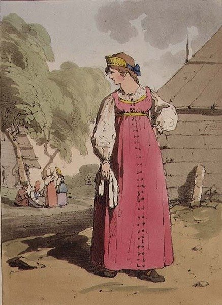 Selská dívka, deska 27 z I. dílu „Mýry, zvyky a zábavy Rusů“, vyryto umělcem, hospoda. 1803 (akvatinta) od John Augustus Atkinson
