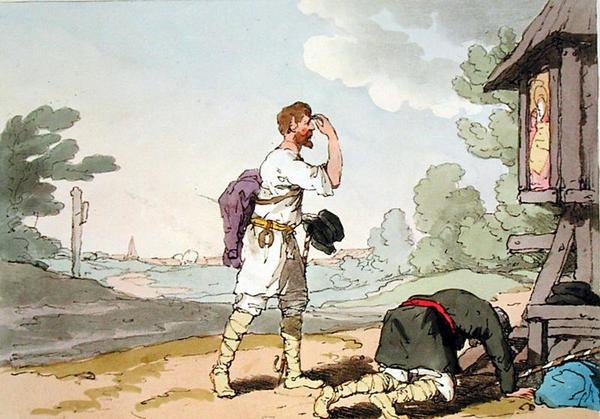 Poutníci, leptané umělcem, vydáno 1804 (barevné lito) od John Augustus Atkinson