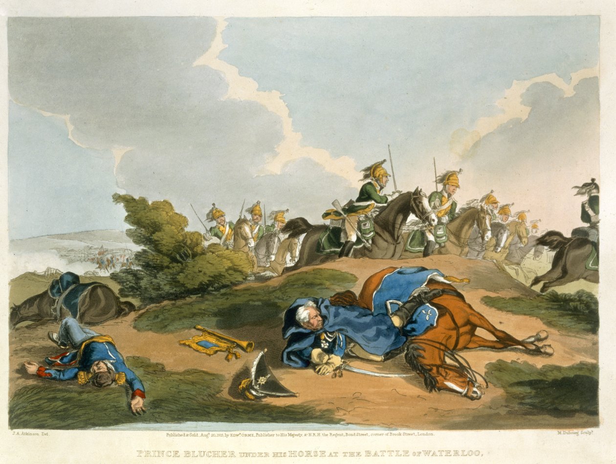 Princ Blucher pod svým koněm v bitvě u Waterloo, vyrytý Matthew Dubourgem (fl. 1813-20) z 
