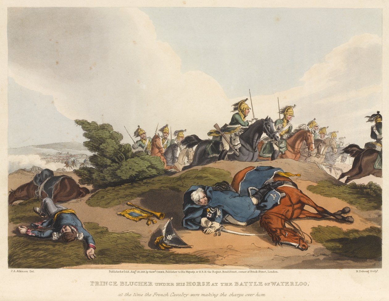 Princ Blucher pod koněm v bitvě u Waterloo, v době, kdy nad ním útočila francouzská jízda, vyryl M. Dubourg, 1819 (barevná akvatinta) od John Augustus Atkinson