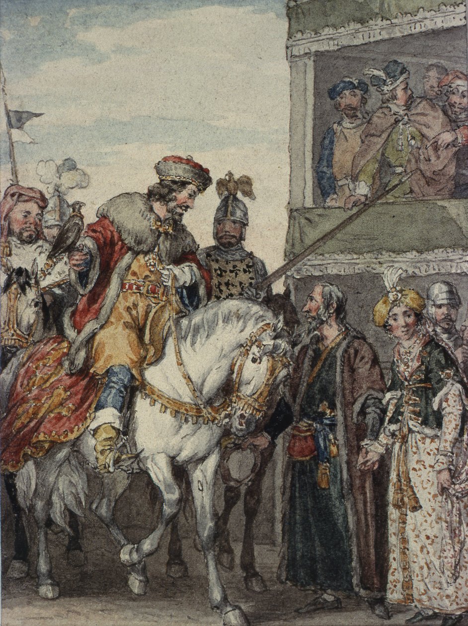 Princ John (1167-1216) a Isaac Žid v Pasáži zbraní v Ashby od John Augustus Atkinson