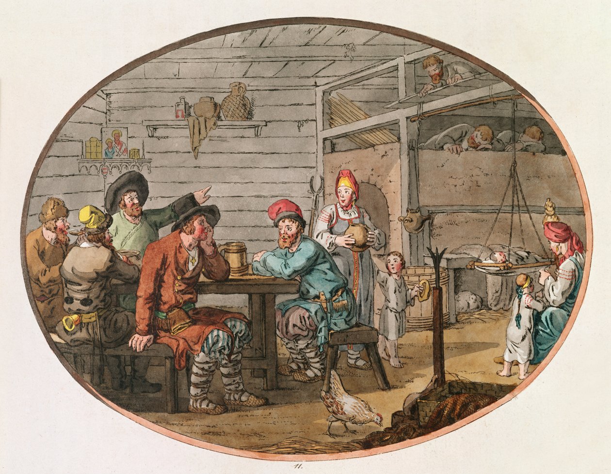 Ruská selská chýše, 1798 (ručně kolorovaný lept) od John Augustus Atkinson