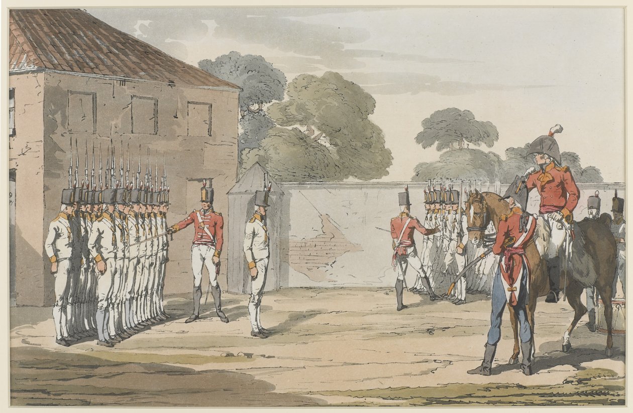 Soldiers Drilling, 1807 (barevná akvatinta s měkkým leptaným povrchem) od John Augustus Atkinson