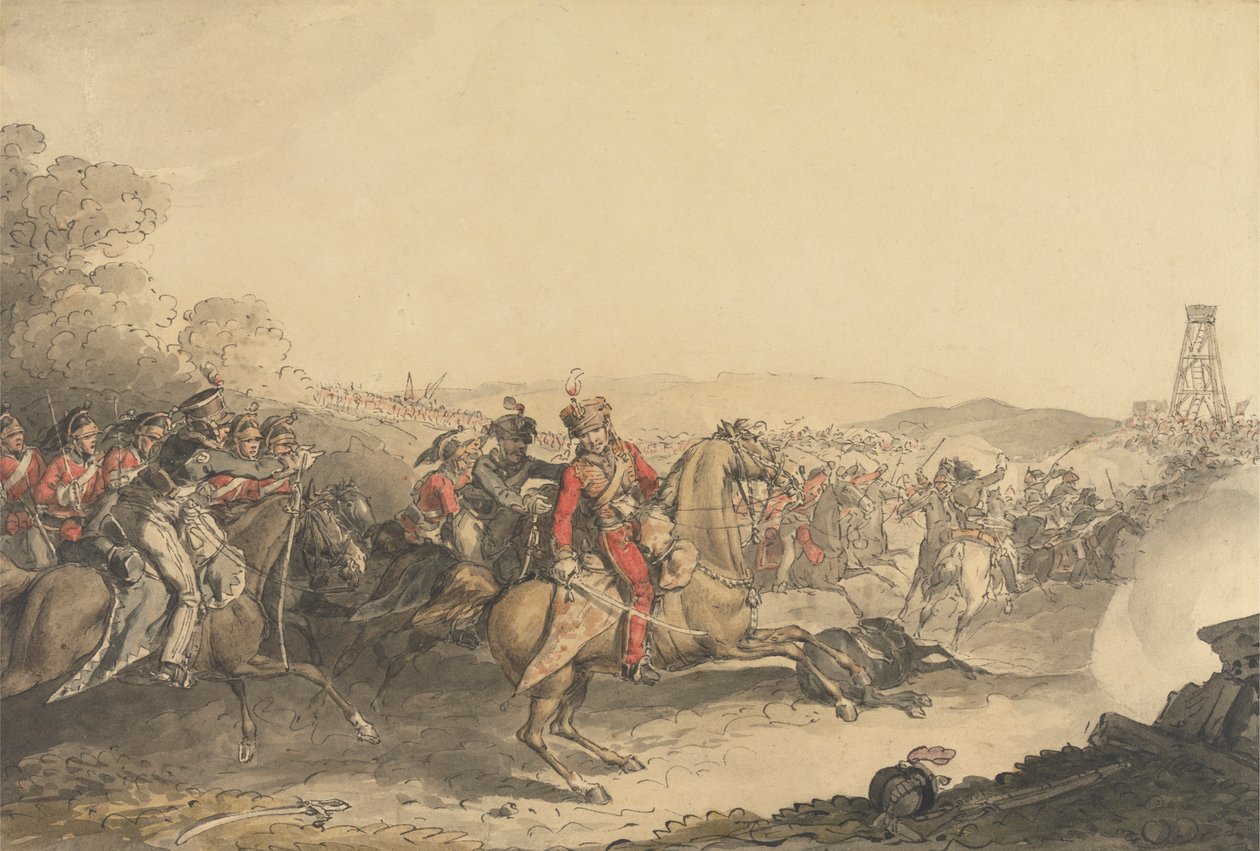 Markýz z Anglesey byl zraněn při vedení útoku těžké jízdy na konci bitvy u Waterloo od John Augustus Atkinson