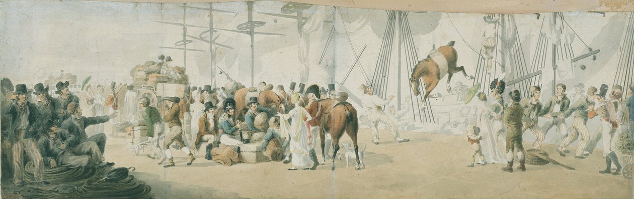 Stravování vojáků a koní v Margate (Anglie), kolem roku 1800. Akvarel (17,8x54 cm), John Augustus Atkinson (1775-1833), počátek 19. století. od John Augustus Atkinson