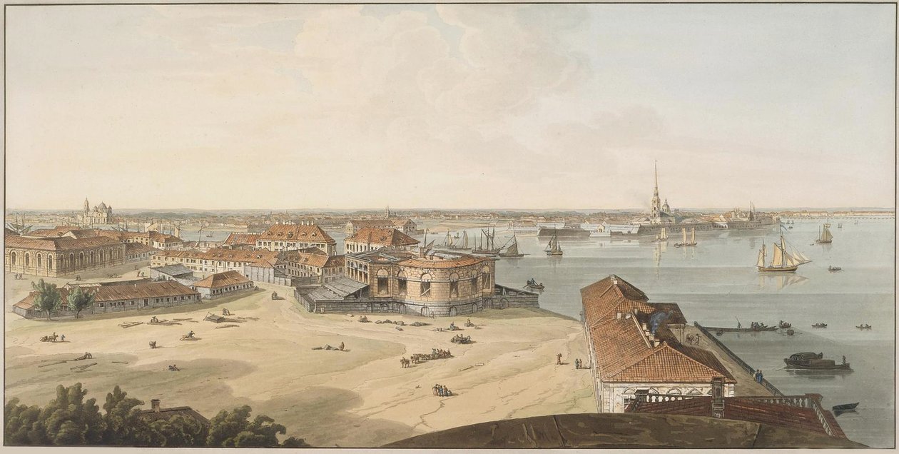 Pohled na kose Vasiljevského ostrova a Petropavlovské pevnosti, mezi 1802 a 1805 od John Augustus Atkinson