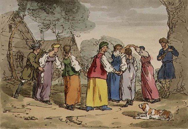 Vesnické zábavy, deska 82 ze svazku III „Zvyky, zvyky a zábavy Rusů“, vyryto umělcem, hospoda. 1804 (akvatinta) od John Augustus Atkinson