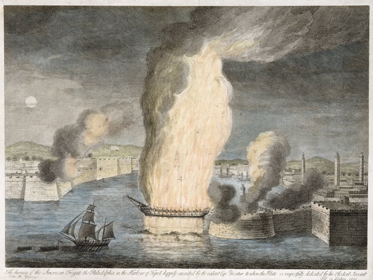 The Burning of the American Fregate [sic] the Philadelphia in the Harbor of Tripolis, 1805 (ručně kolorovaná rytina na položený papír) od John B. Guerazzi