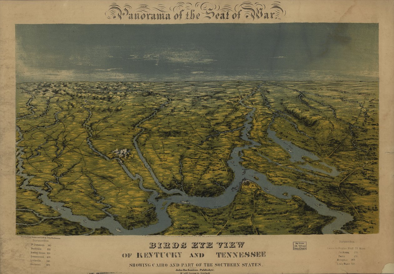 Pohled z ptačí perspektivy na Kentucky a Tennessee s vyznačením Káhiry a části jižních států. LOC 99447069 od John Bachmann
