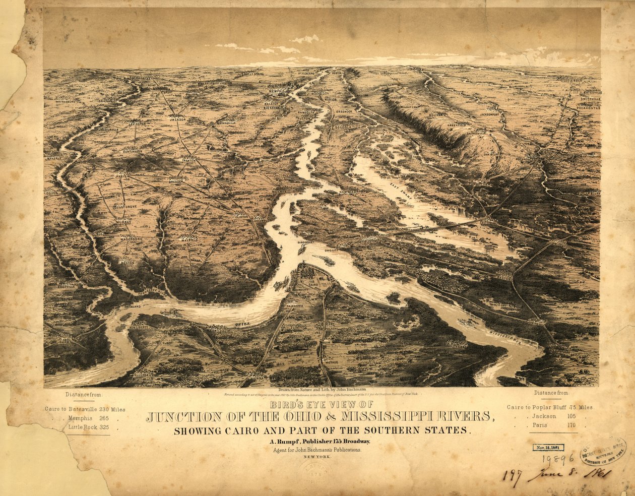 Pohled z ptačí perspektivy na křižovatku řek Ohio a Mississippi s Káhirou a částí jižních států LOC 99447003. od John Bachmann