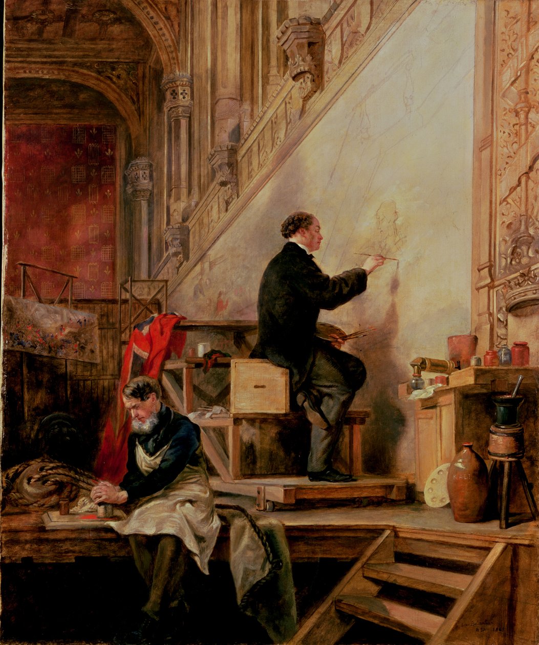 Daniel Maclise (1806-70) maluje svou nástěnnou malbu „The Death of Nelson“ ve Sněmovně lordů, 1865 od John Ballantyne