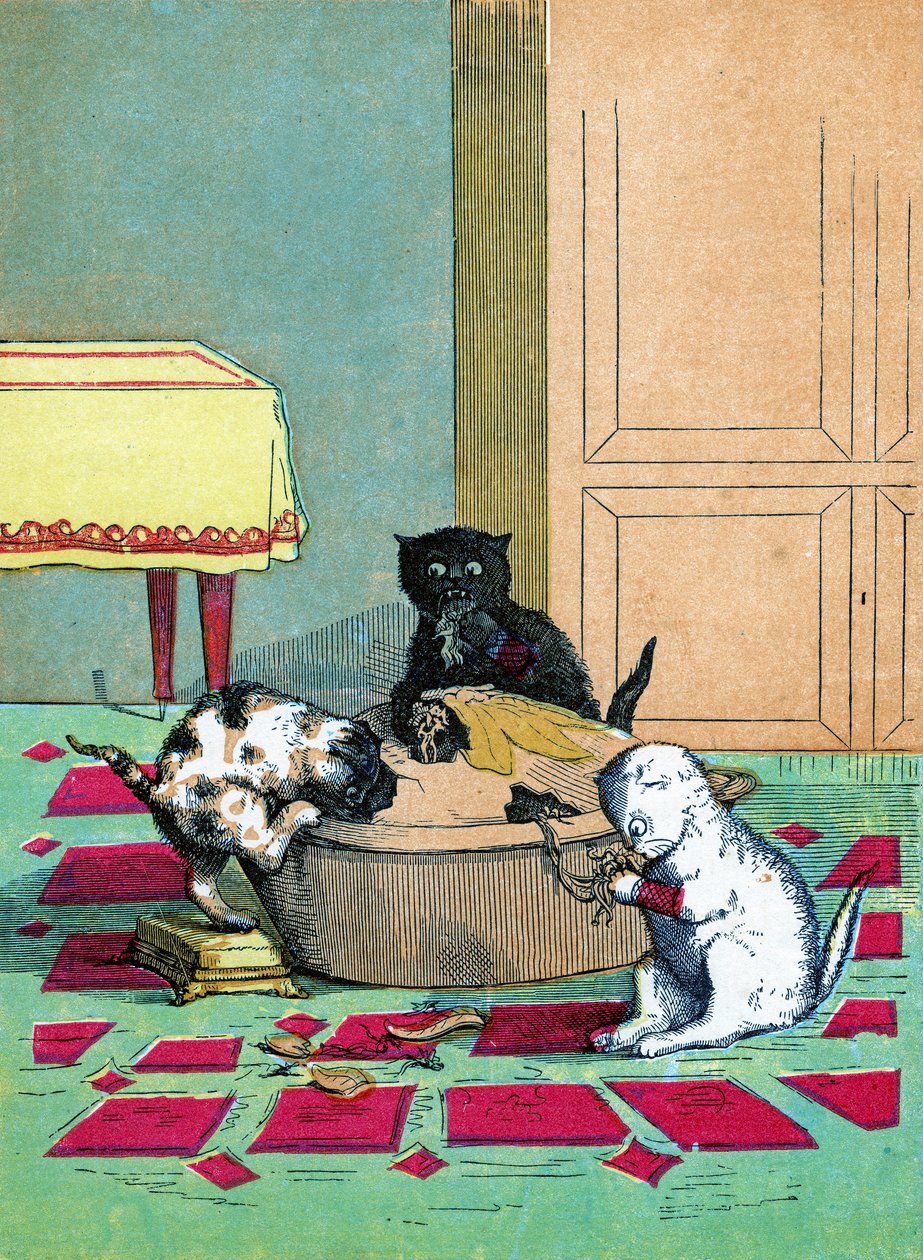 Tři malá koťátka v rukavicích a jedí koláč, Ilustrace z "Three Little Kittens" 1859 od John Ballantyne