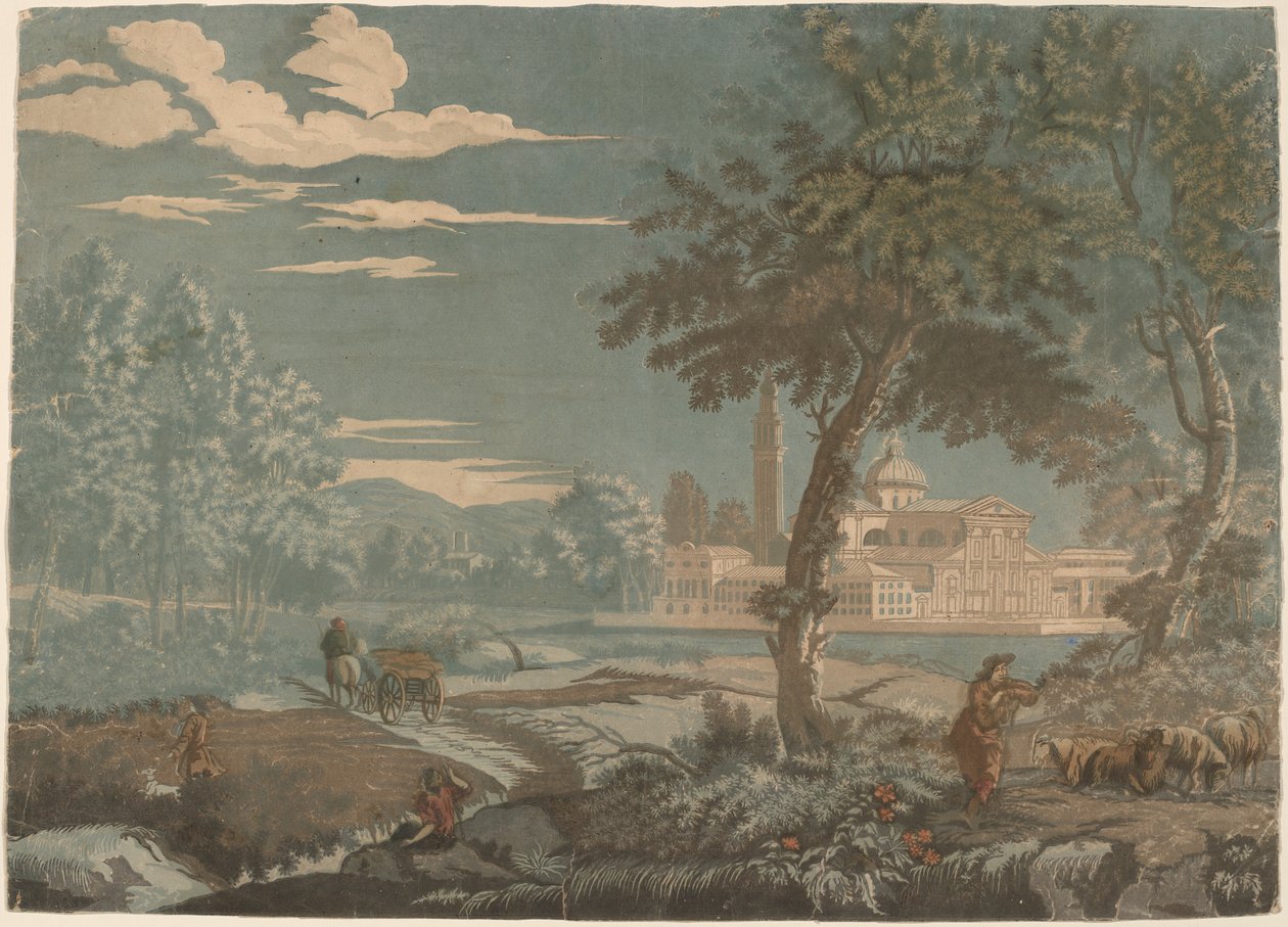 Hrdinská krajina s vozem a pastevcem koz, se San Giorgio Maggiore v pozadí od John Baptist Jackson after Marco Ricci