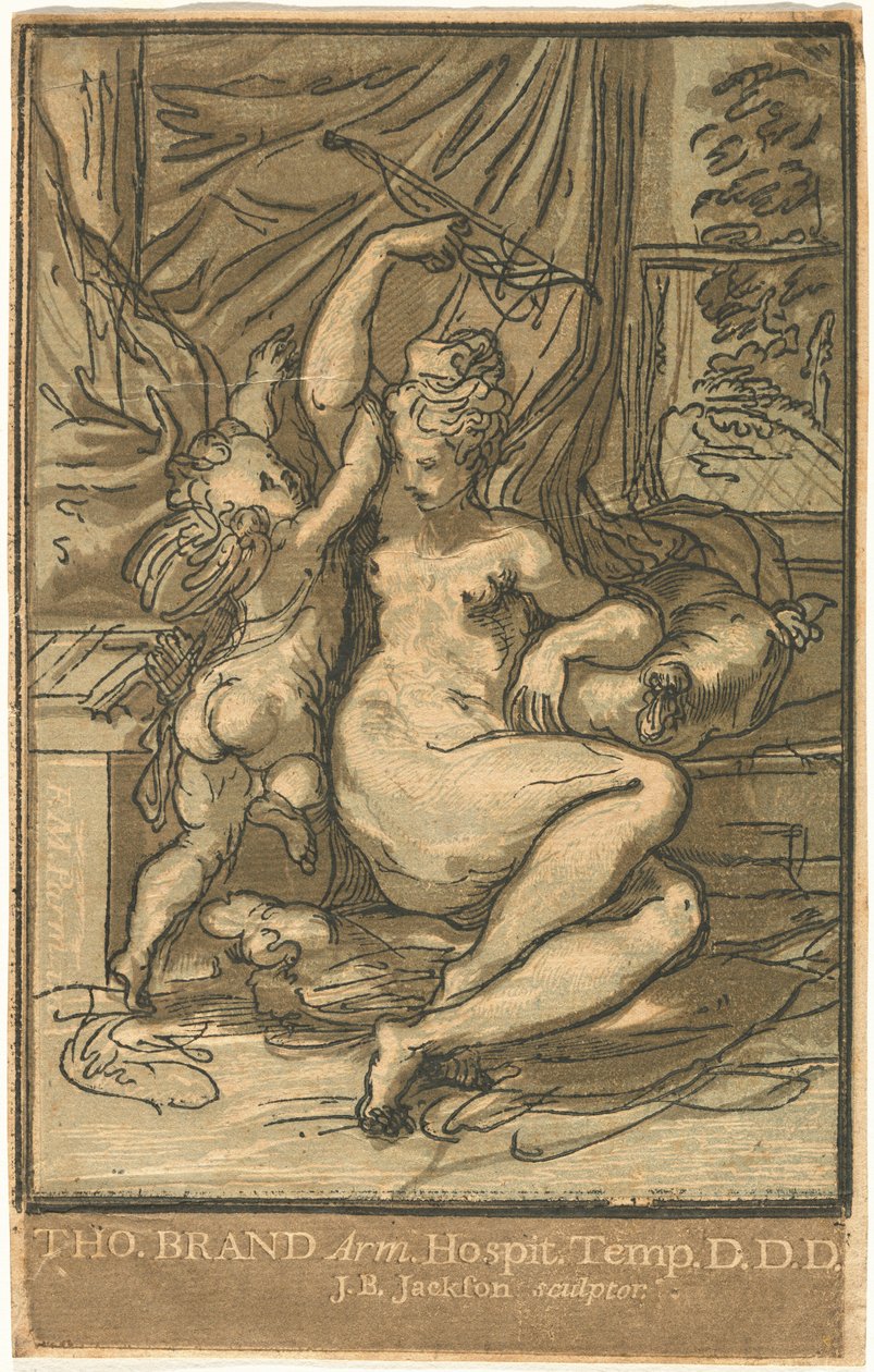 Venuše a Amor s lukem od John Baptist Jackson, after Parmigianino