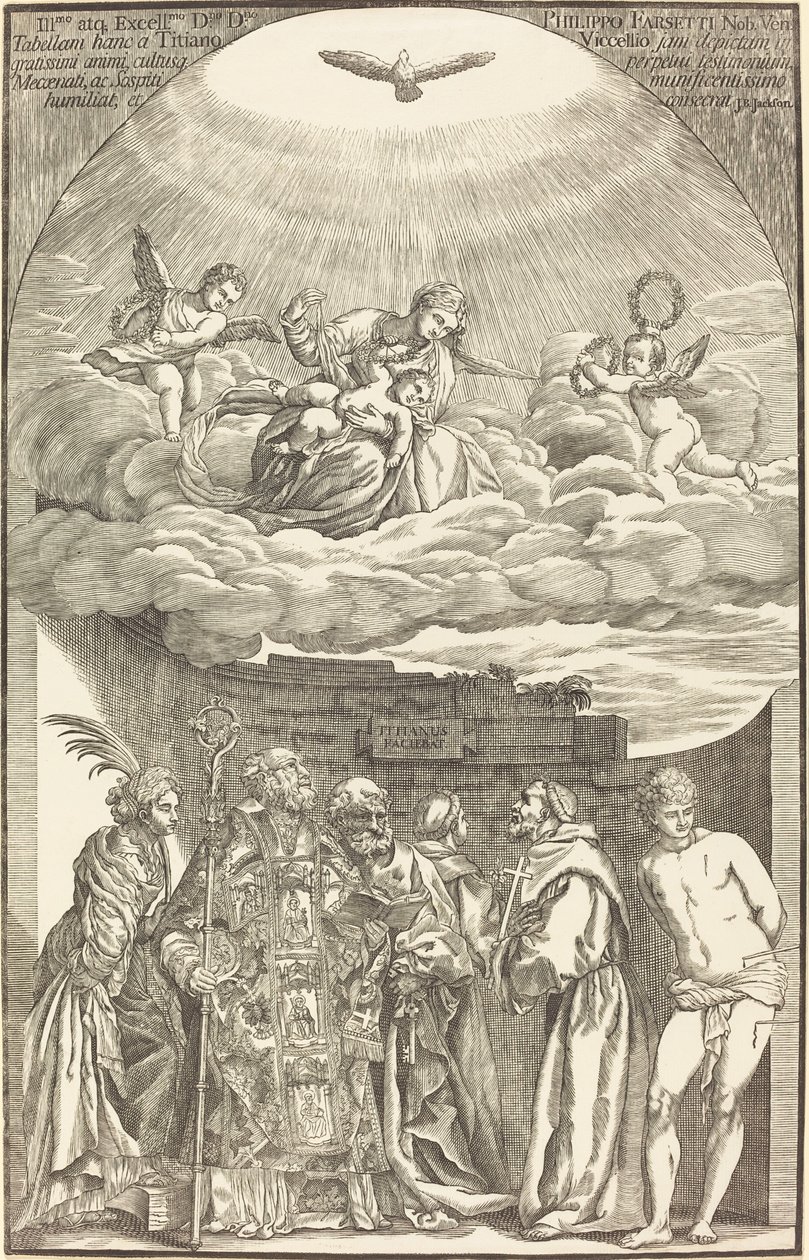 Panna v oblacích a Šest svatých od John Baptist Jackson after Titian