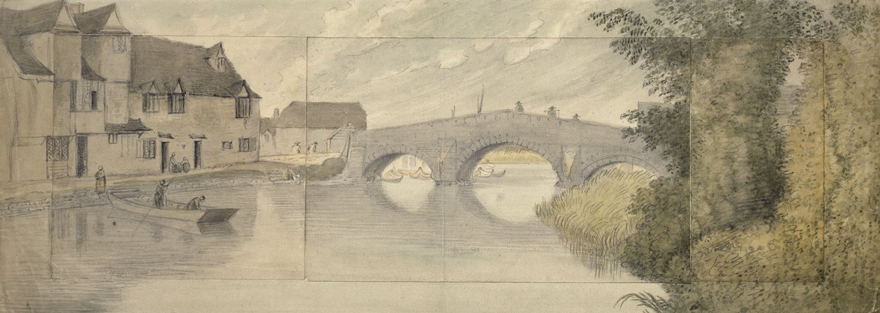 Hythe Bridge, Oxford, 1789 (akvarel přes grafit na třech listech papíru nalepených na větší list) od John Baptist Malchair