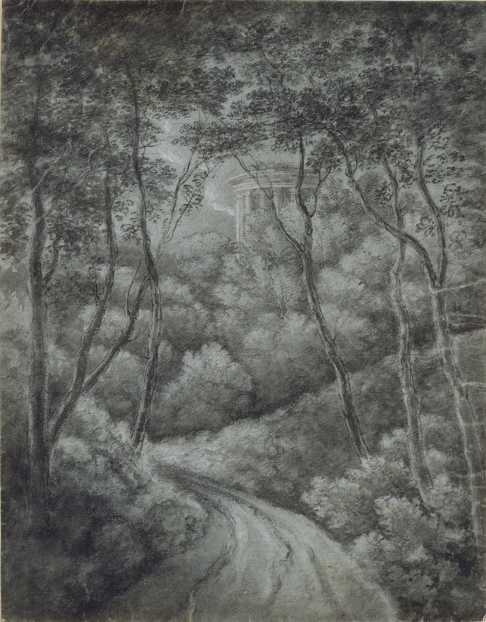 Krajina s cestou lesem a klasickým chrámem (měkký grafit a bílá křída na modrém papíře) od John Baptist Malchair