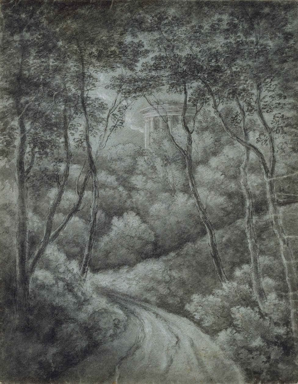 Krajina s Cestou lesem a klasickým chrámem, konec 18. století. od John Baptist Malchair
