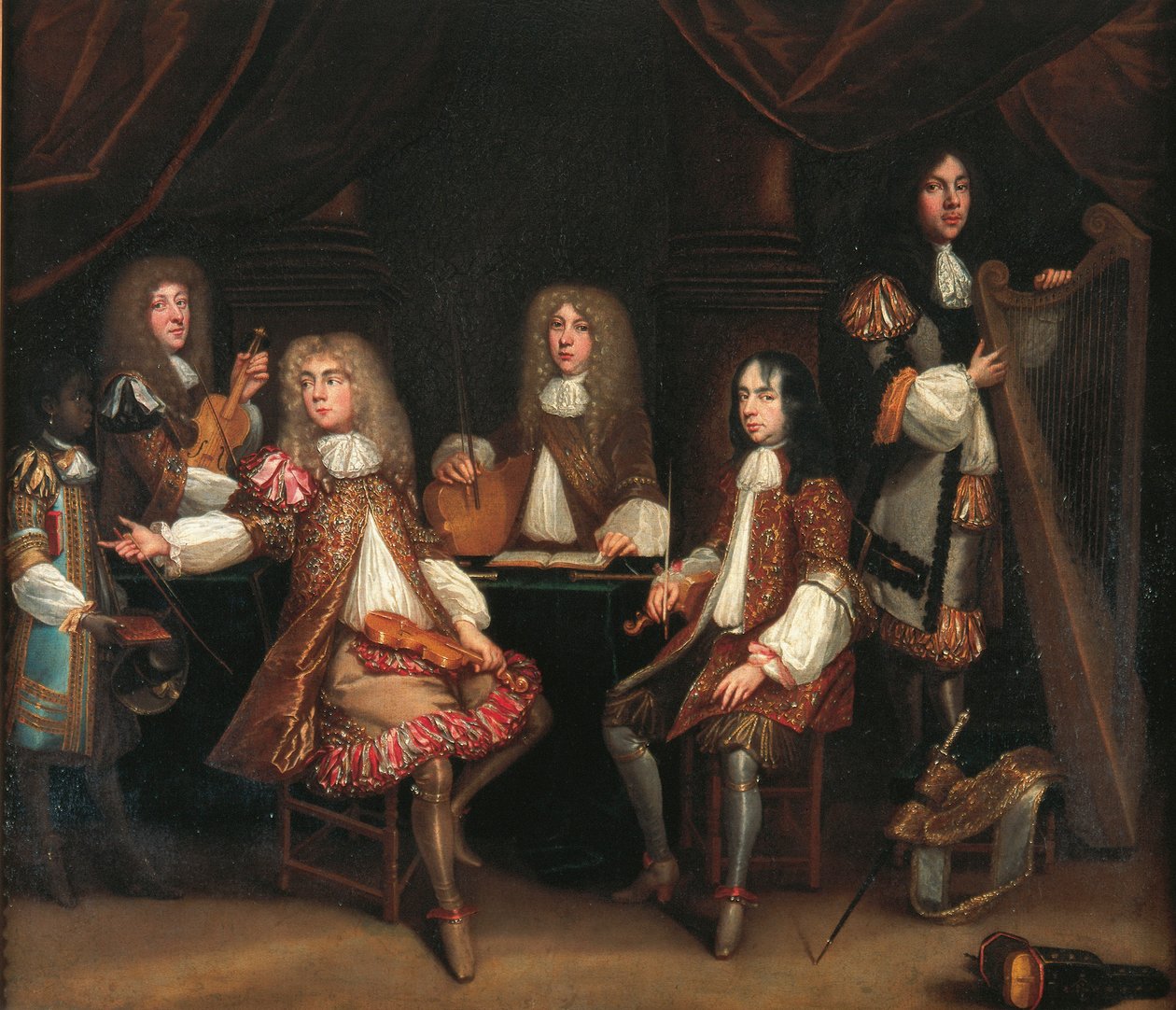 Crimson Bedchamber, portrétní skupina pánů s hudebními nástroji, o které se tradičně říká, že zobrazuje kabalské ministerstvo krále Karla II (olej na plátně) od John Baptist de Medina