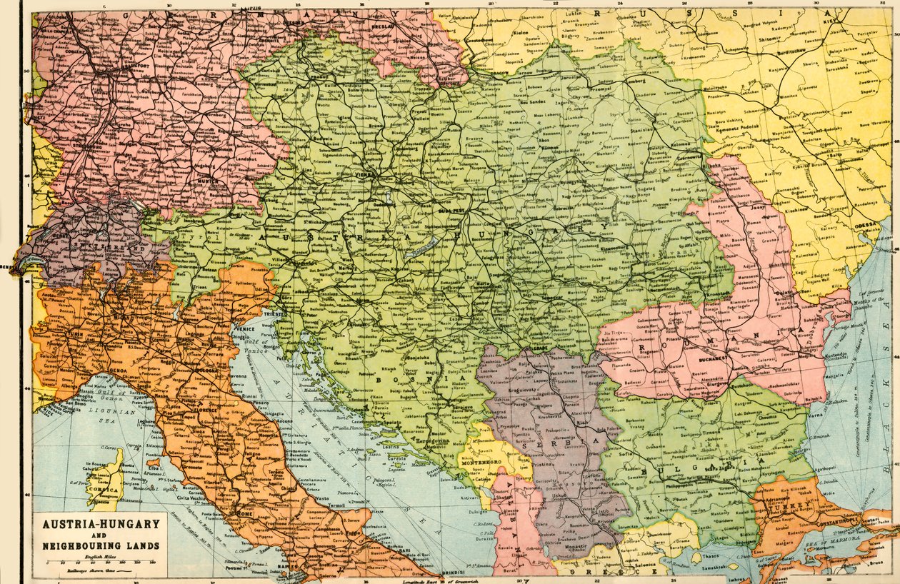Rakousko-Uhersko a sousední země – mapa, 1920. od John Bartholomew and Son