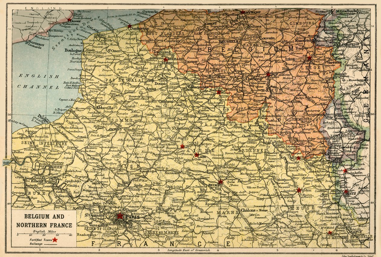 Mapa Belgie a severní Francie, c1914, c1920. od John Bartholomew and Son