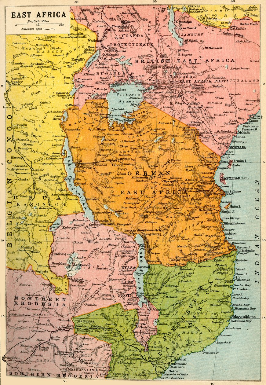 Mapa východní Afriky, první světová válka, c1920. od John Bartholomew and Son